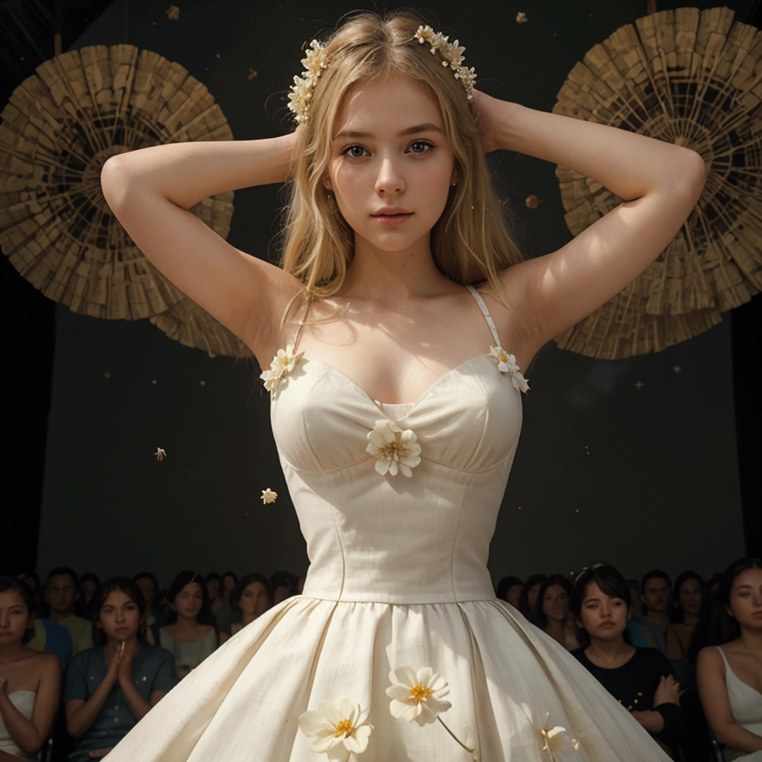 (Best quality, masterpiece), 1girl, pose, particles, wind, flower, upper body, simple background, looking at the audience, blonde, milky way, aesthetic