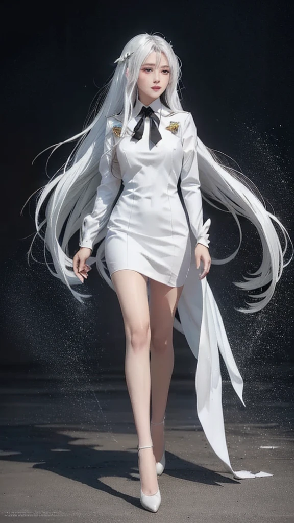 A woman in a white dress and black tie is walking., professional cosplay, anime characters; Whole body art, Azure Lane Style, anime girl cosplay, Looks like a ghost in a shell, has long white hair, White hair floating in the air, Cosplay public relations, Charming cosplay, anime cosplay, Plow collection style, Her hair is white., have long black hair, black high heels