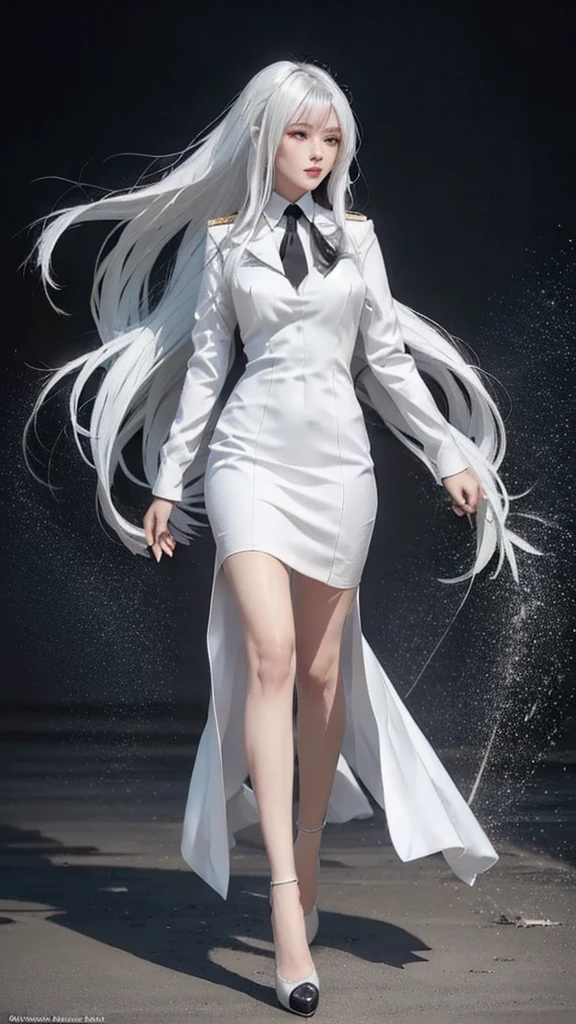 A woman in a white dress and black tie is walking., professional cosplay, anime characters; Whole body art, Azure Lane Style, anime girl cosplay, Looks like a ghost in a shell, has long white hair, White hair floating in the air, Cosplay public relations, Charming cosplay, anime cosplay, Plow collection style, Her hair is white., have long black hair, black high heels