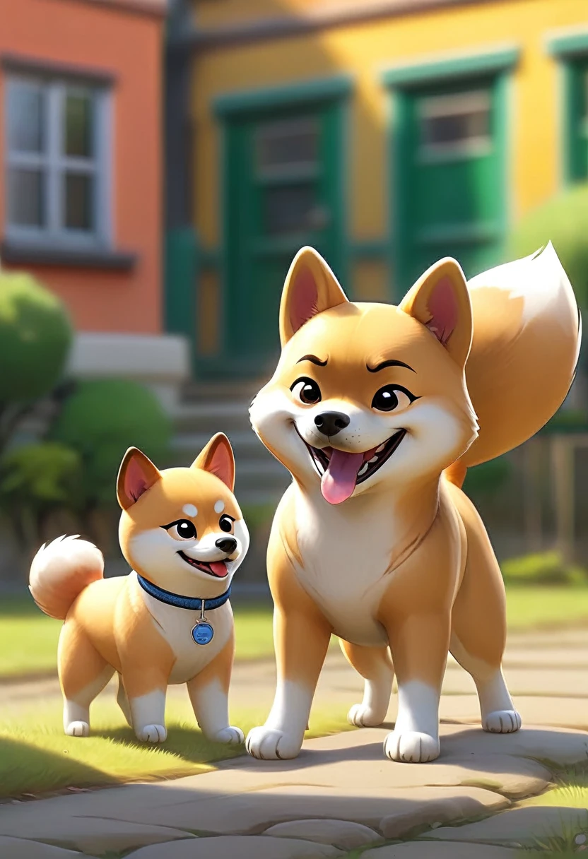 In a sunny schoolyard, a Shiba Inu named Shiba is happily playing with a new friend, a Pomeranian named Pome. Both dogs are in natural postures, running and chasing each other around. Shiba has a joyful expression, and Pome looks equally excited. Children in the background are also playing.