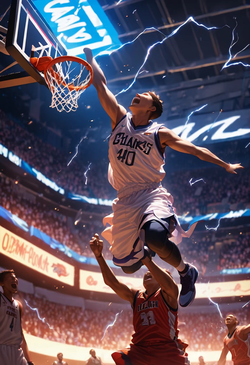 Male professional basketball player dunks in air, another player is jumping for defense in same time, close up goal, dunk shot, SLAM DUNK, Dynamic Motion, lightning, (board displayed "O . l":1.4), The crowd gets excited in the dimly lit match venue, (masterpiece, best quality, super detailed)