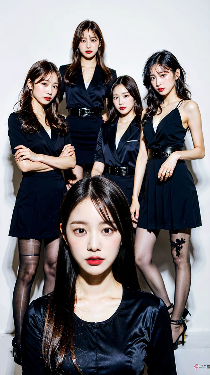 masterpiece, Highest quality,4 Girl,Young girl, plum_Pie's Eyes, brown, ChoppyBob,enviable _face,Glowing Skin,Medium chest,Beautiful leg lines:1.3,Thick thighs, Narrow waist,, Knee socks,tie,((Pencil Skirt)),Red high heels, pantyhose, , trail_Lined_and_開flower_cherry_flower_wood,,View your viewers,From below,whole body, Legs Up Sex,