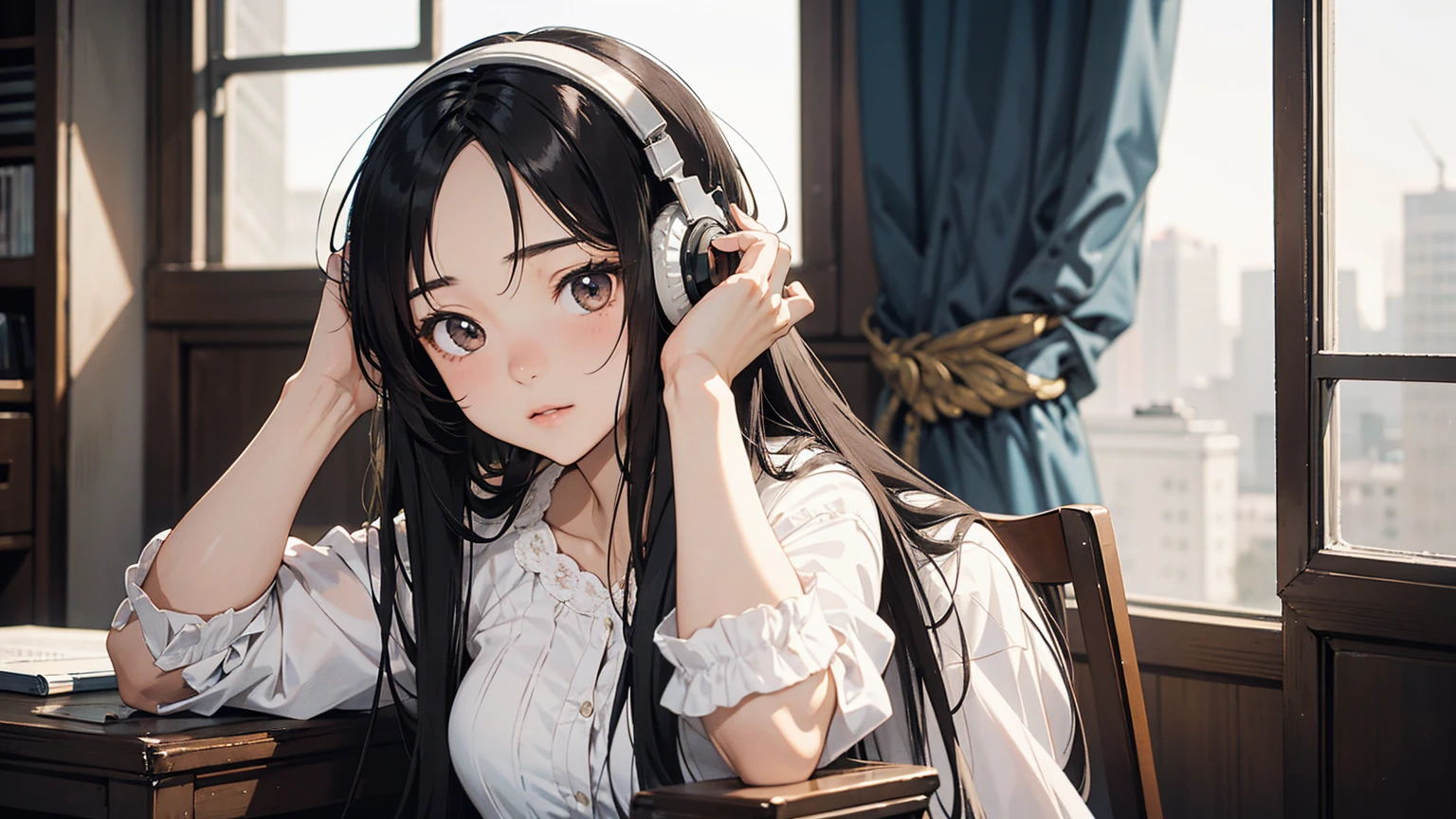 masterpiece, Highest quality, Very delicate and beautiful girl,Very delicate and beautiful, world masterpiece theater, Very detailed, Very detailed, Highest quality, Black Hair, High resolution, Very detailed,One girl, Highest quality, View your viewers, material, canvas, Genuineistic, Genuineist ,Genuine,A high school girl wearing a listening to music with headphones on her head