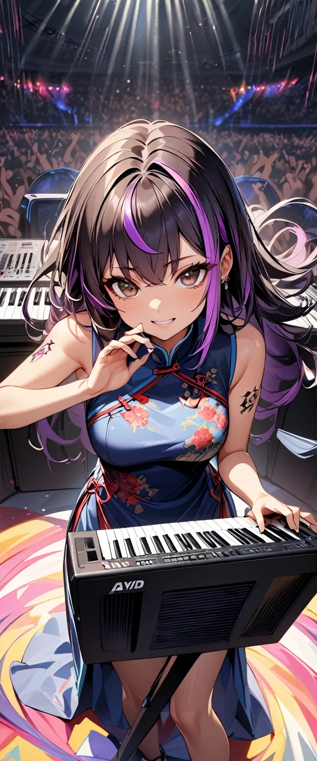 (highest quality:1.2, Very detailed, up to date, Vibrant, Ultra-high resolution, High Contrast, masterpiece:1.2, highest quality, Best aesthetics), Portraiture、girl、keyboard player、stage、performance、Rock Music、Bright colors、Beautiful fine details、Beautiful lip detail、long hair、black and purple ((streaked hair:1.6)), highlights hair: 1.5, brown eyes, slim body, (small breast:0.7), Music band、standing in keyboards booth, playing keyboards、(raise left hand high:1.5), Concert Light、Edgy Style、(colorful Cheongsam:1.2), (no sleeve:1), Dynamic Movement、hypnotic sounds、Stadium、amplifier、Loud music、(playing keyboards:1.6), (Floral Fineline tattoo design on left arm:1), Passionate performance、Sparkling stage、Concert atmosphere、Music Festival、Full of emotion、Rock star attitude、Resolute expression、Avid Fan、The presence of an attractive stage、 Expressive gestures、Rock star aura、An exciting atmosphere、An unforgettable show, closs earing, (full body:1.2)
