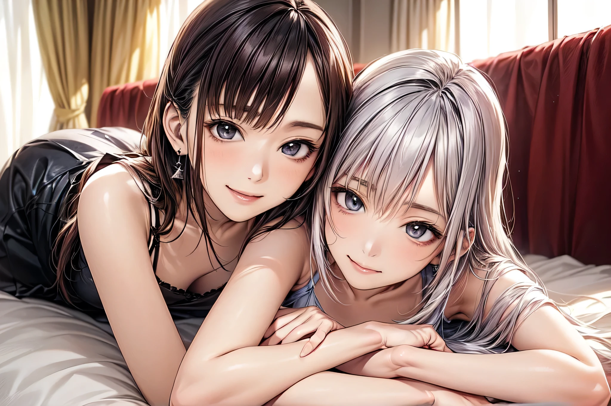 ((Biologically correct limb count and shape))、(( Full-body photo including face))、4K、((Standing position))、masterpiece、((Focus on the face))、((Symmetrical facial features))、Eye for detailed depiction、Beautiful blue-haired woman、Excellent style、Beautiful clavicle、Beautiful Hands、Slender body、(Patent leather camisole、flare skirt)、Black Stockings,High heels、Facial detailing、Small earrings、necklace、(Low - Angle)、Silver Hair、((smug face)))、Close-up photo of the upper body、In the middle of changing、Panty shot、Nipples、(Lie down in bed)、The highest masterpiece、high quality、Photo-like illustration with white frame、