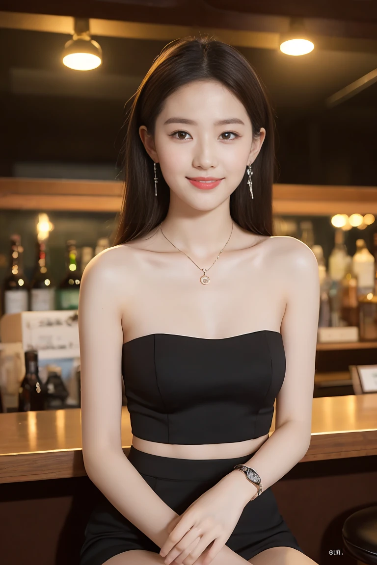 ((best quality, 8K, masterpiece :1.3)), Clear focus :1.2, Korean Artist. ((Shin Soo-hyun. 18 years old)) Body. Thin. Slim. charming. ((Makeup face. Brown lipstick)) Black long hair. necklace. Strapless Tube Mini Dress with Earrings)) Smile. sit down. Inside the bar_ Mix 4, 20 days, Solitary, Photo-realistic:1.37
