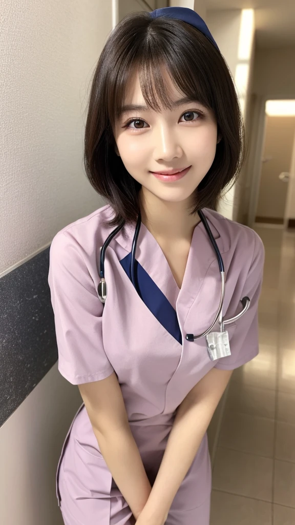 (Highest quality: 1.5), (Realistic: 1.5), (1 person: 1.5), Very detailed, High resolution, 8k,Natural color lips, Cute Smile, Japanese women, 20-year-old girl, Beautiful and elegant features, Perfect and beautiful face, Balanced big eyes, Beautiful and elegant features, Natural double eyelids, Natural Bangs, Beautiful thin nose, Beautiful Skin, Medium Bob Hair , Natural Bangs , Perfect and beautiful face, Slim face and figure, (Looking at the camera with a sweet smile), Bright lighting, Professional Lighting, Forward lighting, Beautiful feet: 1.2, Smooth Skin, Slender body, Slim waistline, slim thin thighs, Detailed clothing, (real short nurse uniform:1.2), (nurse:1.4), Ultra HD, Realistic, hospital, Light Pink