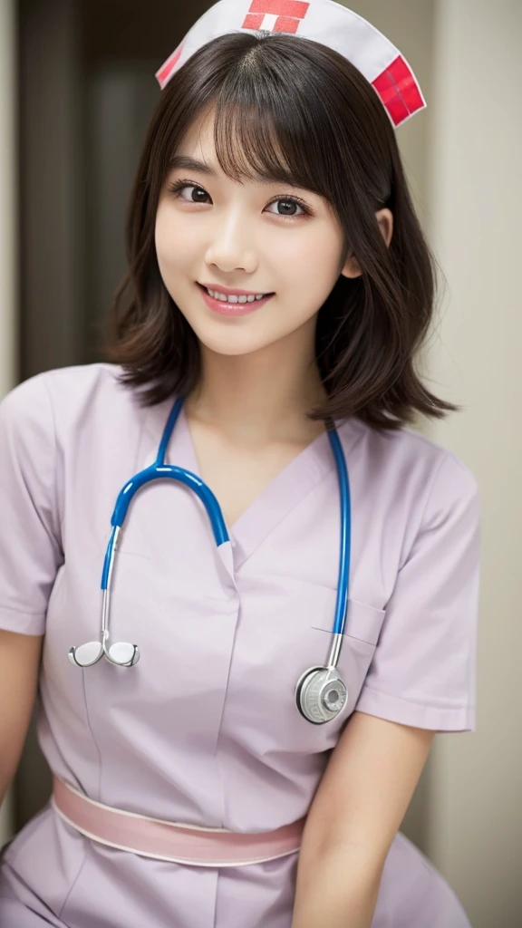 (Highest quality: 1.5), (Realistic: 1.5), (1 person: 1.5), Very detailed, High resolution, 8k,Natural color lips, Cute Smile, Japanese women, 20-year-old girl, Beautiful and elegant features, Perfect and beautiful face, Balanced big eyes, Beautiful and elegant features, Natural double eyelids, Natural Bangs, Beautiful thin nose, Beautiful Skin, Medium Bob Hair , Natural Bangs , Perfect and beautiful face, Slim face and figure, (Looking at the camera with a sweet smile), Bright lighting, Professional Lighting, Forward lighting, Beautiful feet: 1.2, Smooth Skin, Slender body, Slim waistline, slim thin thighs, Detailed clothing, (real short nurse uniform:1.2), (nurse:1.4), Ultra HD, Realistic, hospital, Light Pink