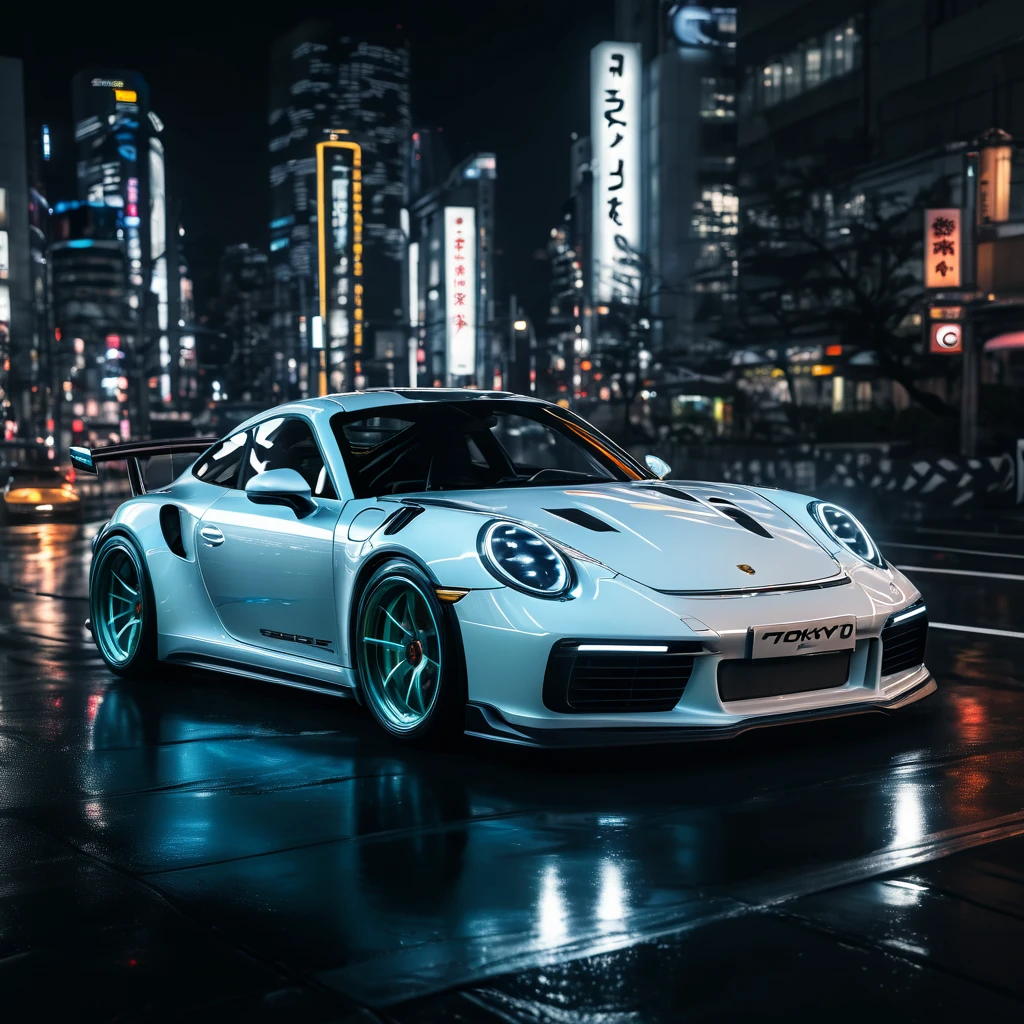 Realistic lighting, best quality, 8K，porsche911，Drifting, Cyber style, the background is a night view of tokyo