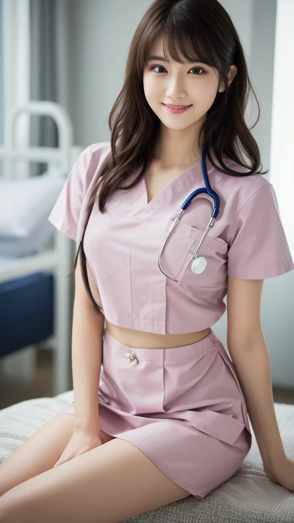 (Highest quality: 1.5), (Realistic: 1.5), (1 person: 1.5), Very detailed, High resolution, 8k,Natural color lips, Cute Smile, Japanese women, 20-year-old girl, Beautiful and elegant features, Perfect and beautiful face, Balanced big eyes, Beautiful and elegant features, Natural double eyelids, Natural Bangs, Beautiful thin nose, Beautiful Skin, Medium Bob Hair , Natural Bangs , Perfect and beautiful face, Slim face and figure, (Looking at the camera with a sweet smile), Bright lighting, Professional Lighting, Forward lighting, Beautiful feet: 1.2, Smooth Skin, Slender body, Slim waistline, slim thin thighs, Detailed clothing, (real short nurse uniform:1.2), (nurse:1.4), Ultra HD, Realistic, hospital, Light Pink
