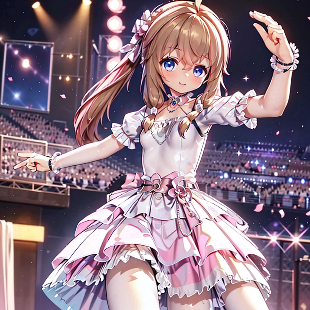 Solo girl, comical, kawaii, Blue eyes, light brown hair, back high twintails, front low braids, princess dress, smile, from view, dance at the stage, neon and led lights, posing, sexy, high-resolution image, masterpiece, high quality, attractive eyes, underwear
