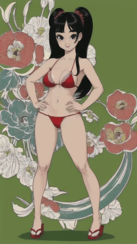 (High quality, Ultra detailed, best quality, insanely detailed, beautiful, masterpiece:1.3), ((pop art)), Japanese girl, Japanese idol, droopy and cute eyes, full body, busty, wearing a red bikini, standing, long eyelashes, smile, small nose, medium hair, black hair, facing forward, looking at the camera, highly detailed and cleanly rendered, BREAK simple green background