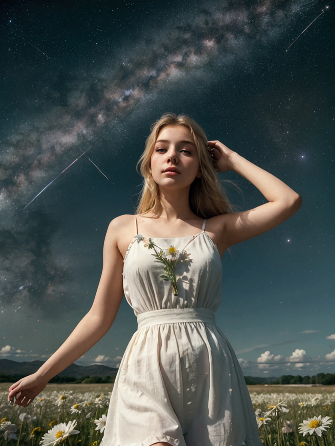 (Best quality, masterpiece), 1girl, pose, particles, wind, flower, upper body, simple background, looking at the audience, blonde, milky way, aesthetic