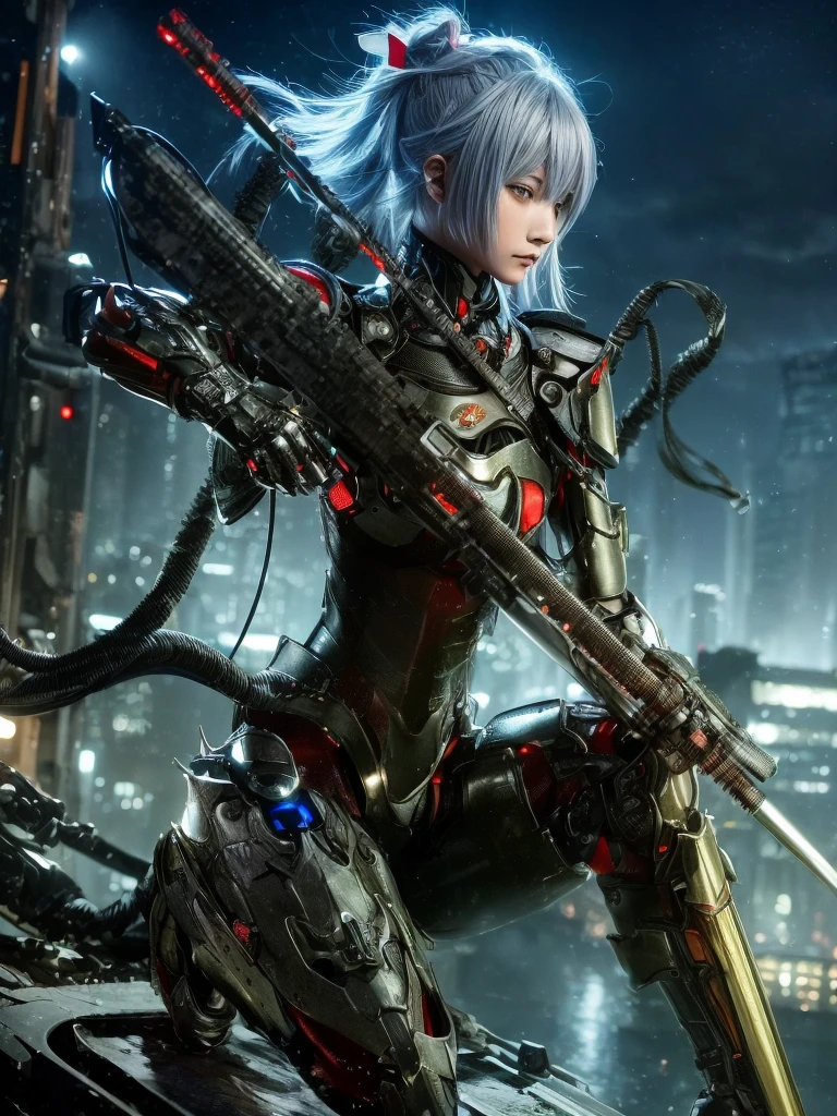 (top-quality:1.2, masterpiece), ultra high resolution, (Photorealsitic:1.4),, (bird-type mechanical heavy armor), (mechanical armor:1.3), light red base with silver and bronze accent, 1 Japanese female soldier, extremely realistic face, (blue hair), ((ultimately intricate all details)), (whole body picture), realistic shadow, octan render, 8K, ultrasharp, character edge light, Details of complex ornaments, Hydraulic cylinder, power cable, dystopia with a beautiful view at night,