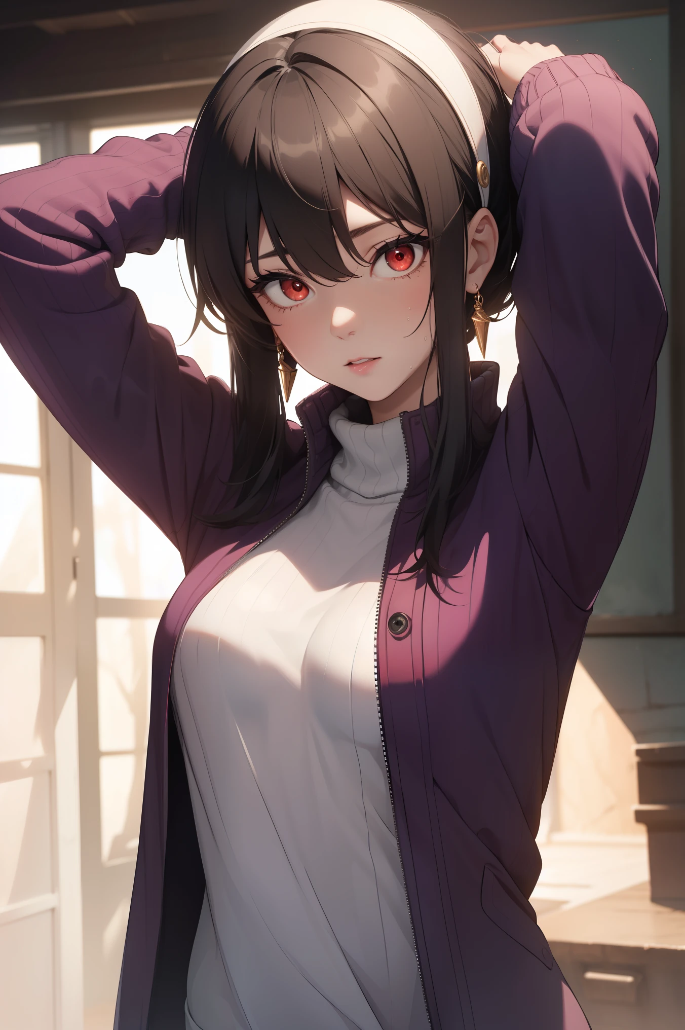 bbyorf, short hair with long locks, white hairband, ((red eyes:1.5)), gold earrings,
BREAK (long sleeves, purple jacket, open clothes, sweater, coat, eyewear on head, ribbed sweater, purple sweater:1.2),
BREAK arms up,armpit, sweating,
BREAK (masterpiece:1.2), best quality, high resolution,NSW ,unity 8k wallpaper, (illustration:0.8), (beautiful detailed eyes:1.6), extremely detailed face, perfect lighting, extremely detailed CG, (perfect hands, perfect anatomy),
