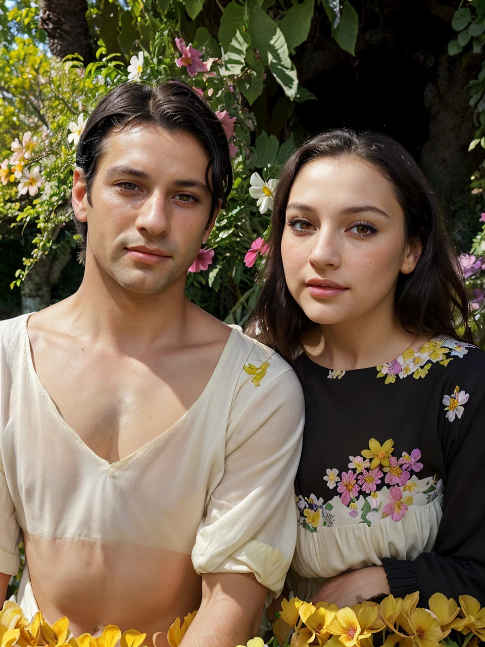 A beautiful woman and man with dark hair, dark brown eyes, and bright eyes, standing in a lush garden on a sunny day, surrounded by colorful flowers, with a cute expression and slightly split lips, blushing, in renesanse clothes 