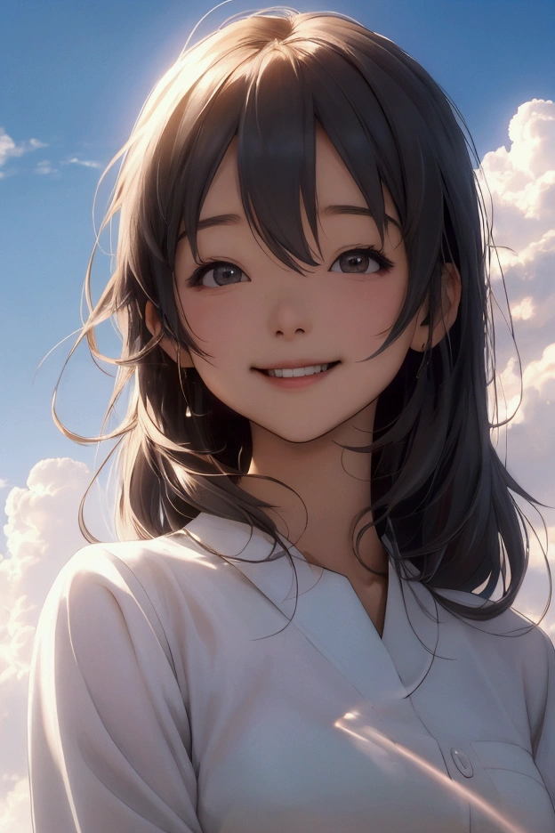 A refreshing woman、Shortcuts、smile、masterpiece, Highest quality, Movie stills, Light on the face, Anime Style, Happy, shine、Age: 23、happiness、null、cloud、cloudの隙間から光が差し込む、Warm and soft lighting,