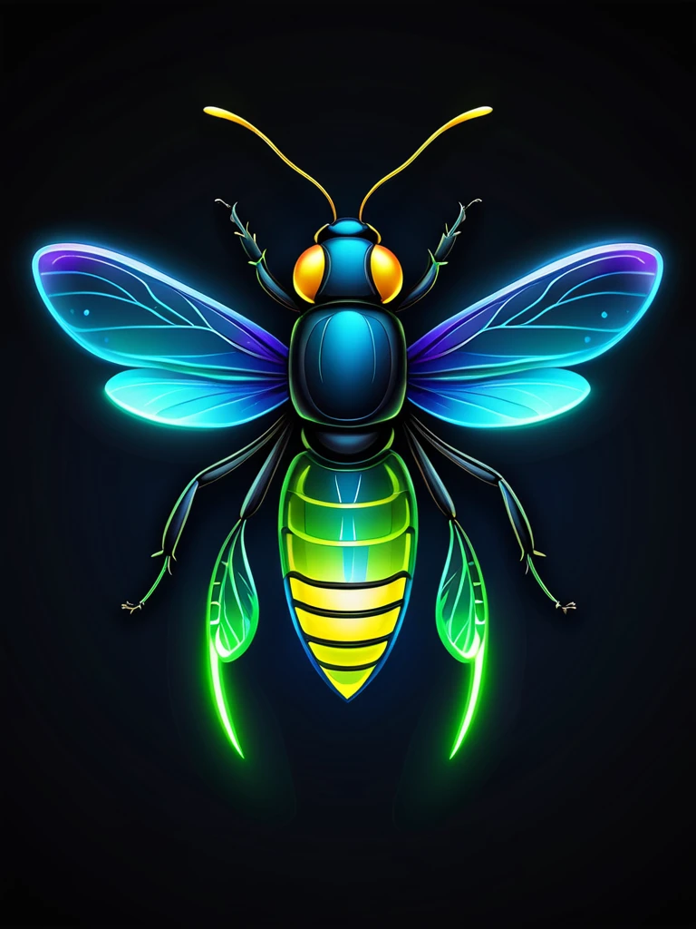 Create a logo featuring a super glowing firefly insect with vibrant colors. The firefly should have a sleek and modern design with a glowing effect around its body and wings. Use vibrant colors like neon green, electric blue, and bright yellow for the glow. The background should be dark to make the glowing firefly stand out. Include fine details in the wings and body to give it a realistic yet artistic look.
