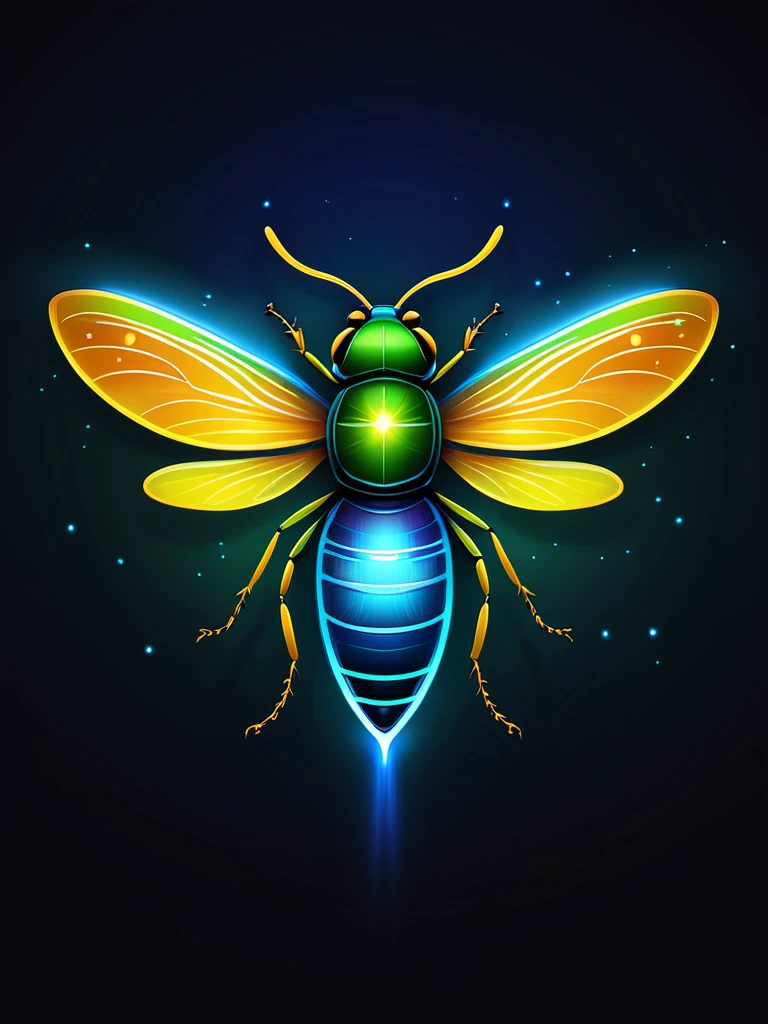 Create a logo featuring a super glowing firefly insect with vibrant colors. The firefly should have a sleek and modern design with a glowing effect around its body and wings. Use vibrant colors like neon green, electric blue, and bright yellow for the glow. The background should be dark to make the glowing firefly stand out. Include fine details in the wings and body to give it a realistic yet artistic look.