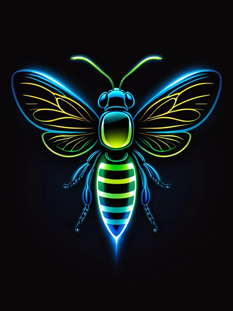 Create a logo featuring a super glowing firefly insect with vibrant colors. The firefly should have a sleek and modern design with a glowing effect around its body and wings. Use vibrant colors like neon green, electric blue, and bright yellow for the glow. The background should be dark to make the glowing firefly stand out. Include fine details in the wings and body to give it a realistic yet artistic look.