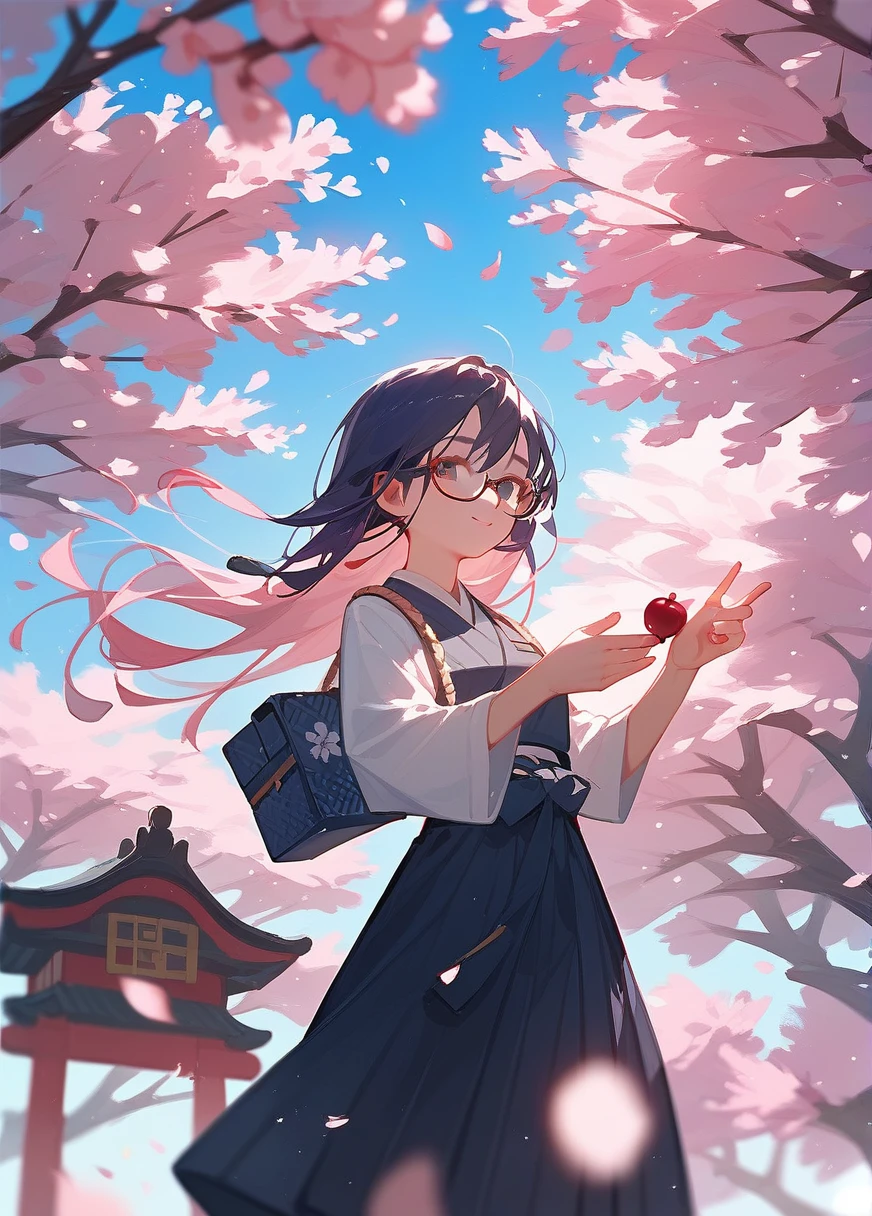 A Japanese anime female character wearing glasses,Standing under the pink cherry blossom tree,The breeze blew her long hair。The background is delicate cherry blossom petals falling,The spring sun shines on her shoulders。She smiled,Hands gently caressing a cherry blossom。