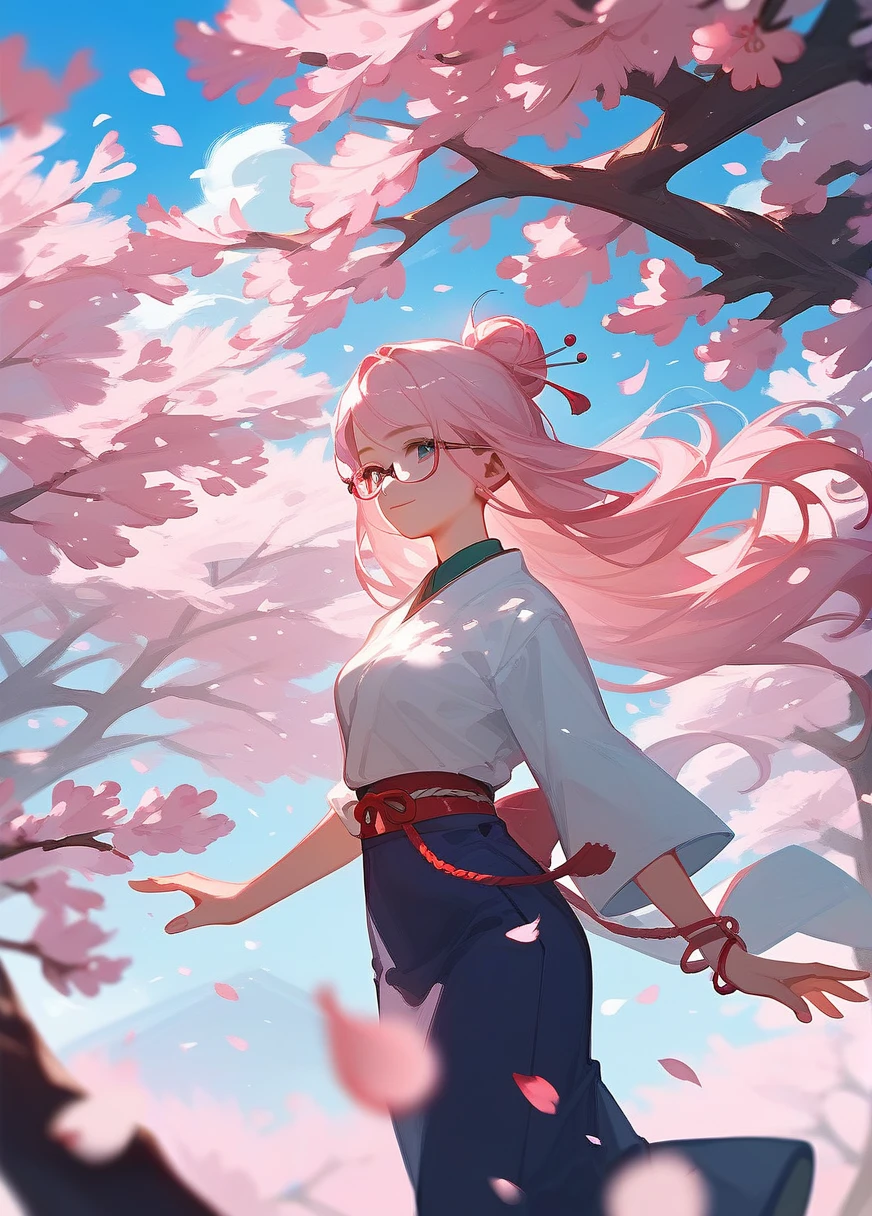 A Japanese anime female character wearing glasses,Standing under the pink cherry blossom tree,The breeze blew her long hair。The background is delicate cherry blossom petals falling,The spring sun shines on her shoulders。She smiled,Hands gently caressing a cherry blossom。