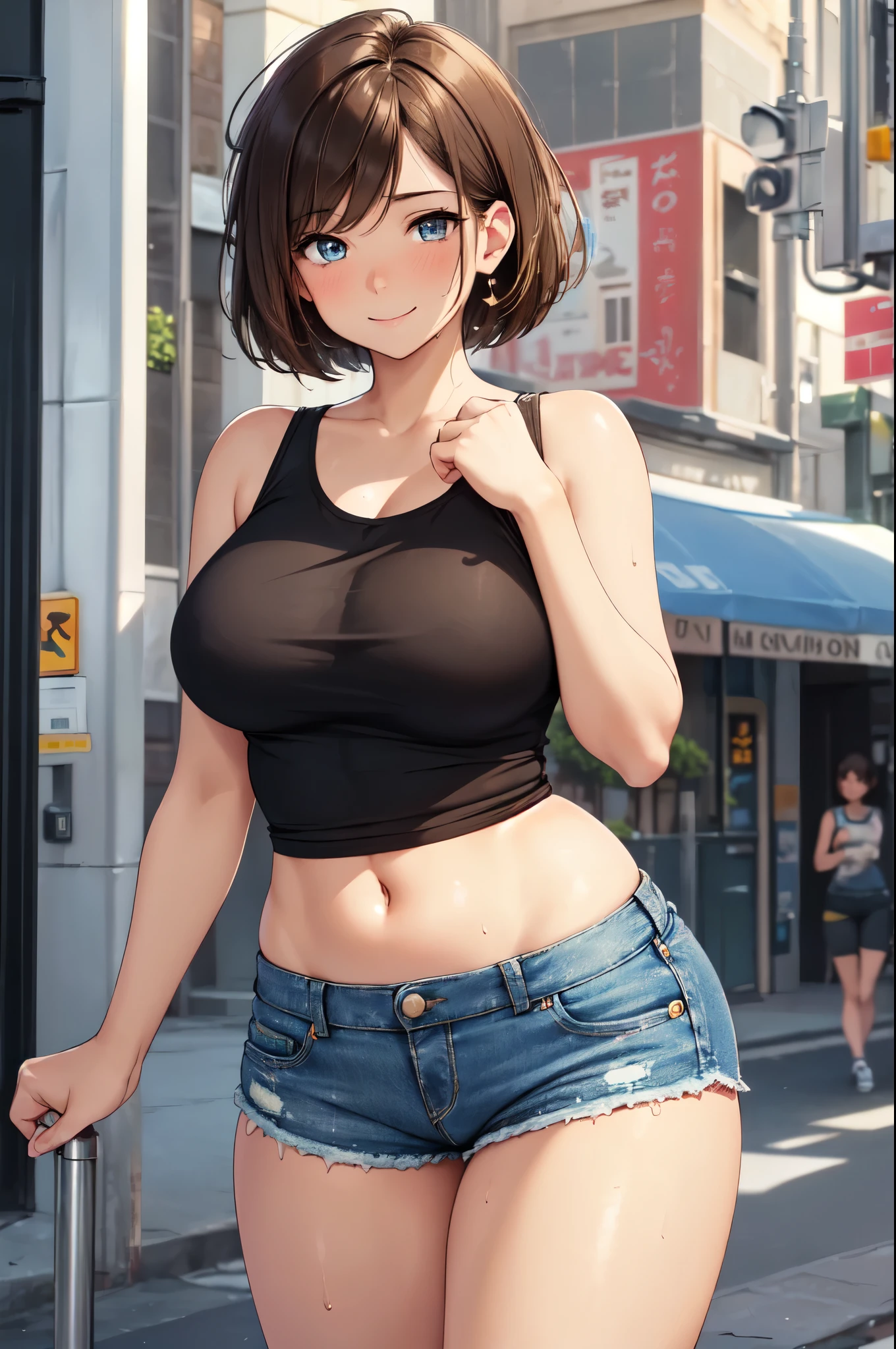 (High quality, High resolution, Fine details), street corner, short denim shorts, Tank Top Black Shirt, Standing, solo, curvy adult women, Short cut light brown hair, sparkling eyes, (Detailed eyes:1.2), Natural Makeup, smile, blush, Sweat, Oily skin, knee shot, Soft tones, shallow depth of field