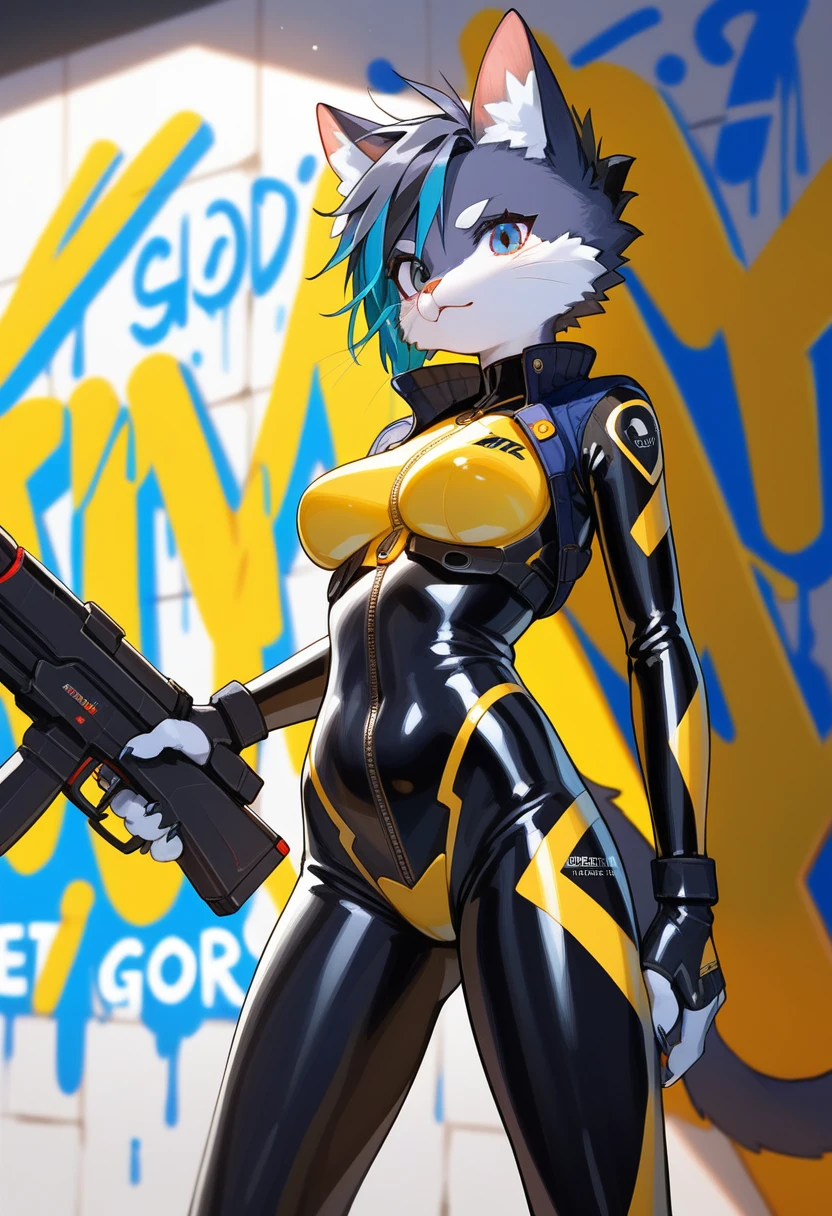 animation, Highest quality, Highest quality, High quality illustrations, masterpiece, Ultra-high resolution, Detailed Background, cyber cafe, Graffiti art on the wall, Absurd, Perfect Anatomy, performance, Good lighting, Shadows in the movies(kemono, Furry PersonifiCation), Cat, Blueskin, Yellow Rubber Suit, latex, neon, neonライト, neonカラー, Bodysuits, Cyber Suit, Mech Suit, Rubber Half Jacket, cyber punk, Blade Runner, Holding a gun and a blade