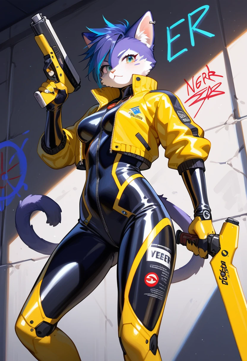 animation, Highest quality, Highest quality, High quality illustrations, masterpiece, Ultra-high resolution, Detailed Background, cyber cafe, Graffiti art on the wall, Absurd, Perfect Anatomy, performance, Good lighting, Shadows in the movies(kemono, Furry PersonifiCation), Cat, Blueskin, Yellow Rubber Suit, latex, neon, neonライト, neonカラー, Bodysuits, Cyber Suit, Mech Suit, Rubber Half Jacket, cyber punk, Blade Runner, Holding a gun and a blade