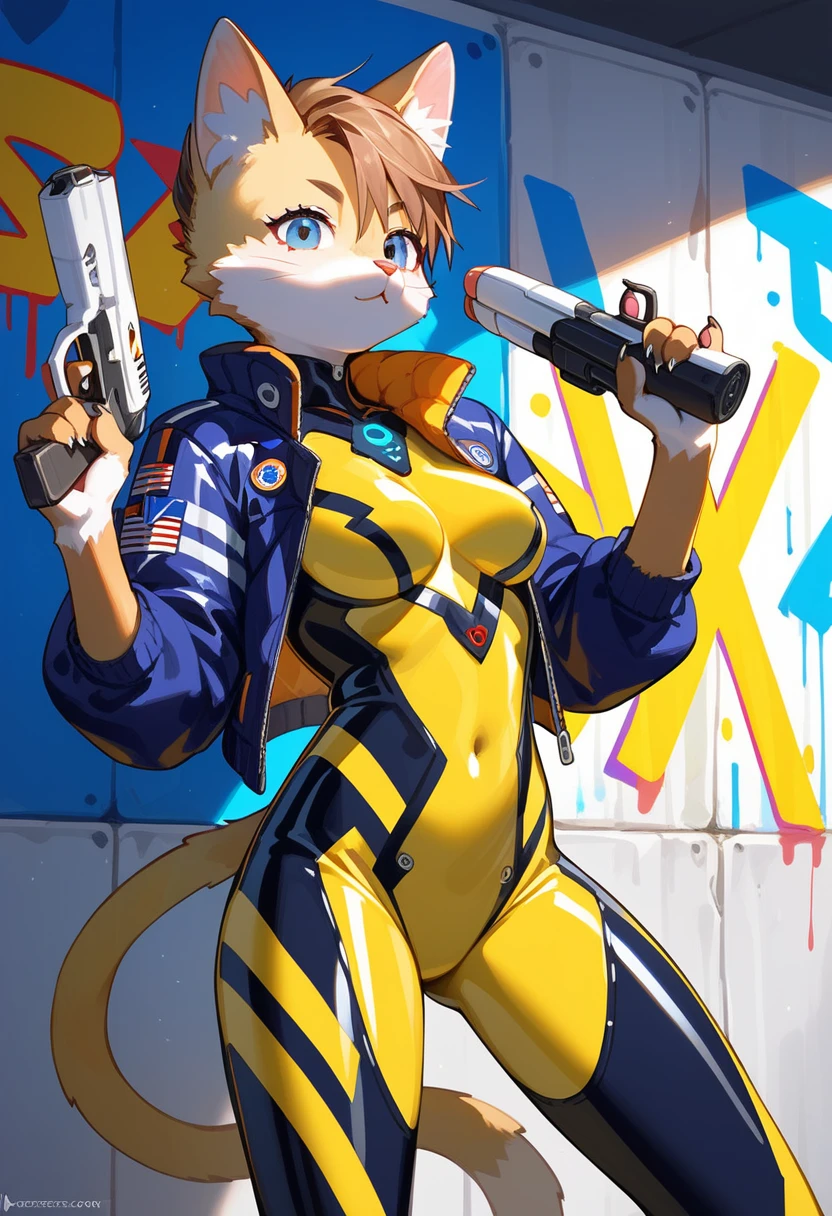 animation, Highest quality, Highest quality, High quality illustrations, masterpiece, Ultra-high resolution, Detailed Background, cyber cafe, Graffiti art on the wall, Absurd, Perfect ???????, performance, Good lighting, Shadows in the movies(kemono, Furry PersonifiCation), Cat, Blueskin, Yellow Rubber Suit, latex, neon, neonライト, neonカラー, Bodysuits, Cyber Suit, Mech Suit, Rubber Half Jacket, cyber punk, Blade Runner, Holding a gun and a blade