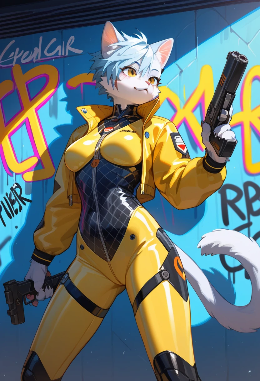 animation, Highest quality, Highest quality, High quality illustrations, masterpiece, Ultra-high resolution, Detailed Background, cyber cafe, Graffiti art on the wall, Absurd, Perfect Anatomy, performance, Good lighting, Shadows in the movies(kemono, Furry PersonifiCation), Cat, Blueskin, Yellow Rubber Suit, latex, neon, neonライト, neonカラー, Bodysuits, Cyber Suit, Mech Suit, Rubber Half Jacket, cyber punk, Blade Runner, Holding a gun and a blade