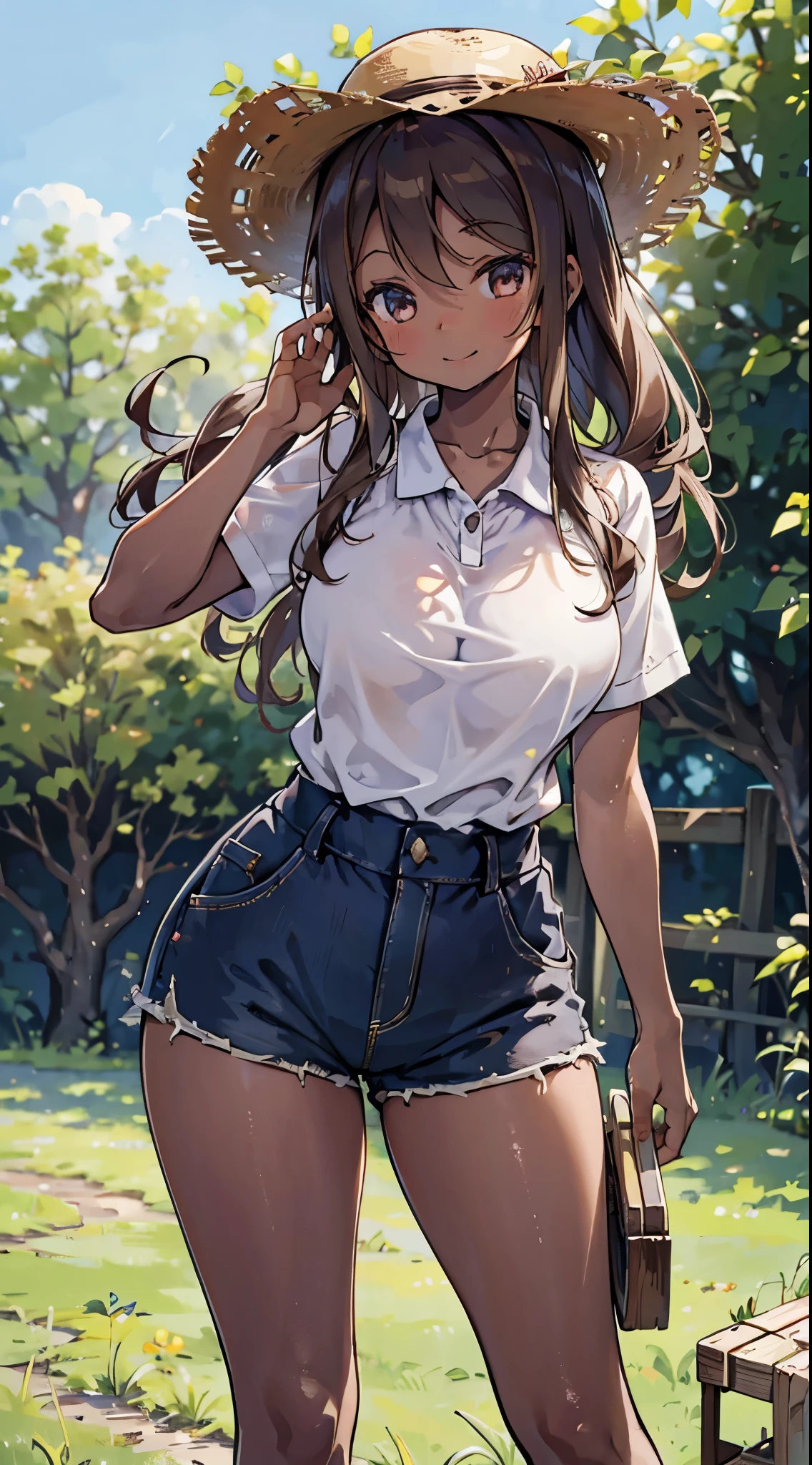 country girl，Short-sleeved shirt，Short-sleeved shirt，shorts，straw hat，Sunlight，Enthusiastic，Cheerful，Sunlight，solarised，solarised，Country Style，Brown skin，Brown skin，Coffee-colored skin，Dark skin，solarised，日式Country Style，Outdoor Background，Outdoor Background，Big breasts，Big breasts，Big Ass，Full figure，Lean over，bend over，Lean forward，Lean forward，Lean forward，Smile，Smile，Smile