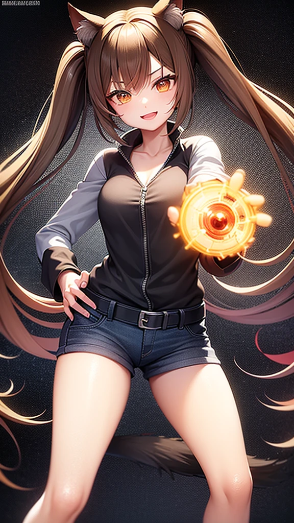 The image is a digital illustration of a female character with cat ears and a long tail. She is dressed in a black duster coat, a red button-down shirt, blue denim shorts, and brown chaps. She is wearing a silver six-shooter on her hip, and her boots are silver with cat faces on them. Her eyes are green and she is smiling. She has long brown hair. The character is standing against a black background. The style of the illustration is anime/manga-inspired.