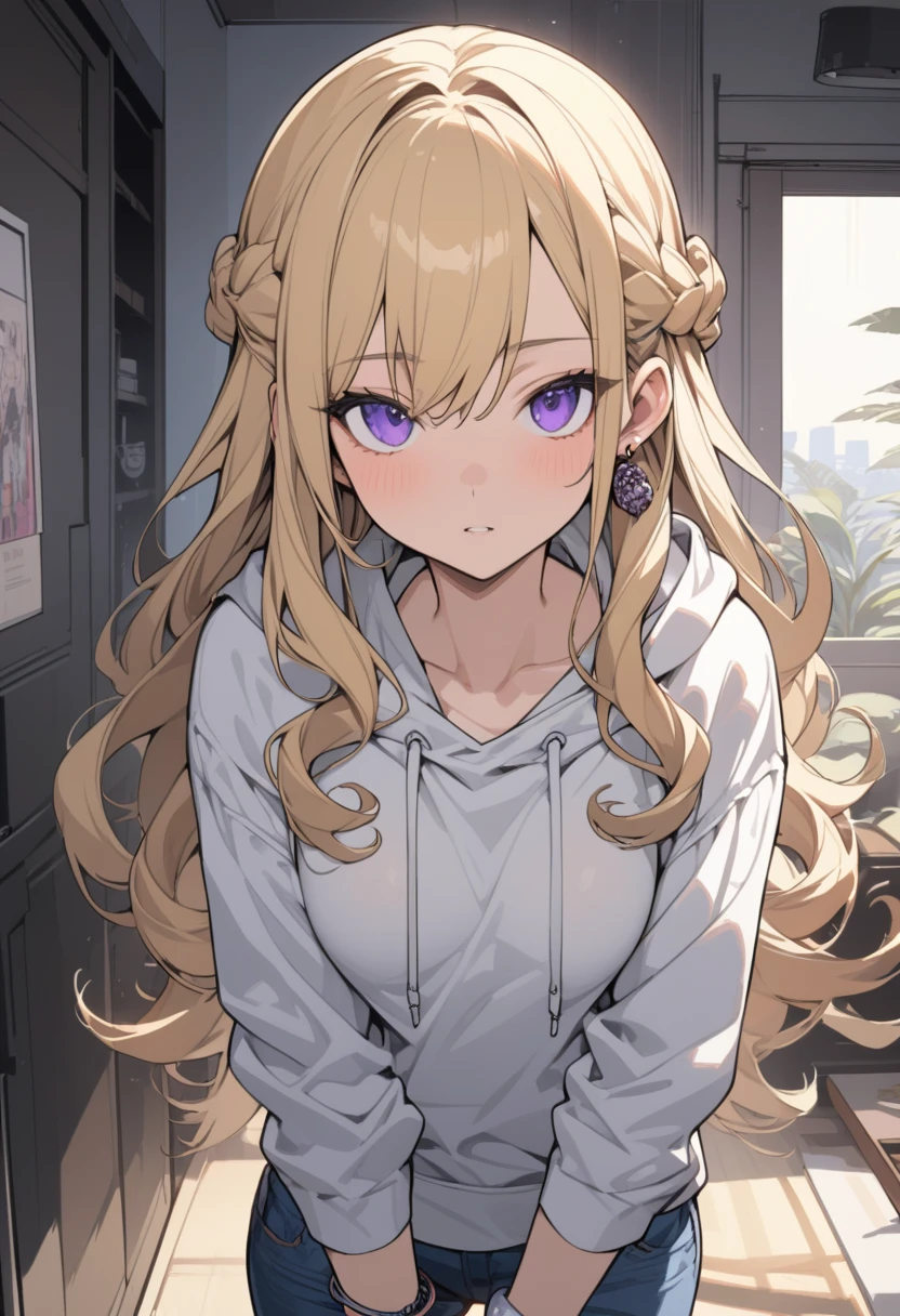 masterpiece, best quality, extremely detailed, ultra detailed, flat anime, 2D, 1girl, (young adult:1.2),blonde hair, (semi-long hair:1.2), curly hair, french braid, medium breasts, tsurime, purple eyes, height 1.7meters, white hooded sweatshirt, jeans, earring,bracelet, long sleeves, earphone, jitome, portrait, upper body, looking at viewer, facing viewer, summer, livingroom, 12AM., standing