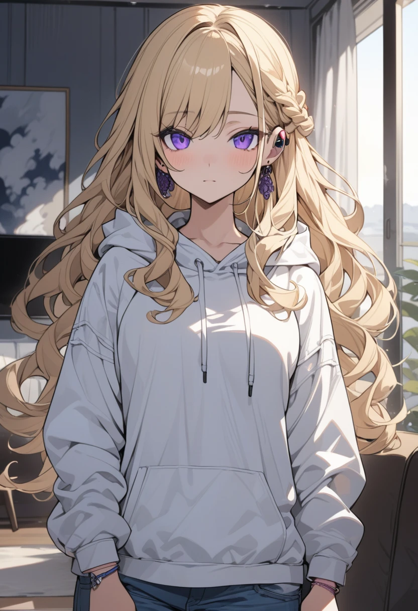 masterpiece, best quality, extremely detailed, ultra detailed, flat anime, 2D, 1girl, (young adult:1.2),blonde hair, (semi-long hair:1.2), curly hair, french braid, medium breasts, tsurime, purple eyes, height 1.7meters, white hooded sweatshirt, jeans, earring,bracelet, long sleeves, earphone, jitome, portrait, upper body, looking at viewer, facing viewer, summer, livingroom, 12AM., standing