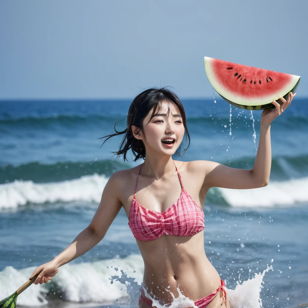 Young Japanese women、Swimwear、Blindfold、Raising the stick、Sea beach、Whole watermelon、Watermelon Smashing、 (water is gushing out), The waves are coming and going