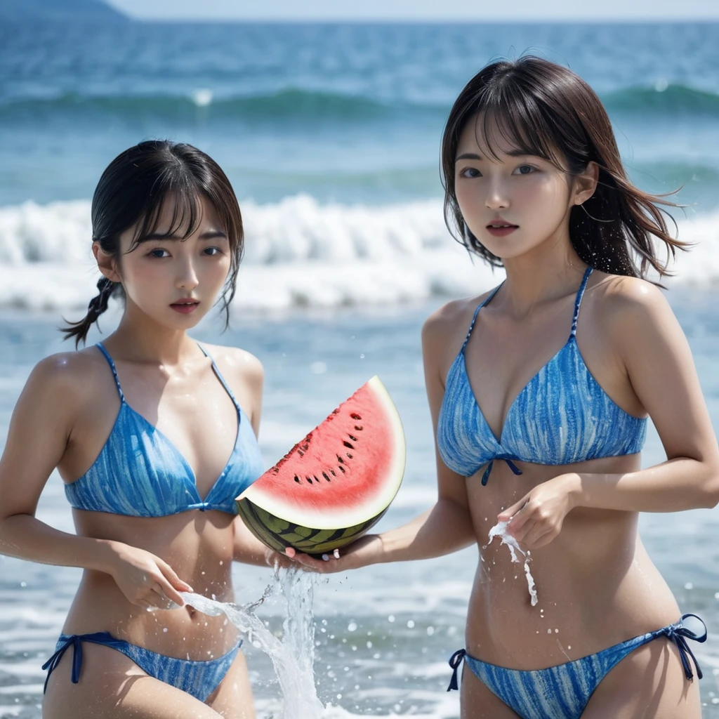 Young Japanese women、Swimwear、fold、Raising the stick、Sea beach、Whole watermelon、Watermelon Smashing、 (water is gushing out), The waves are coming and going