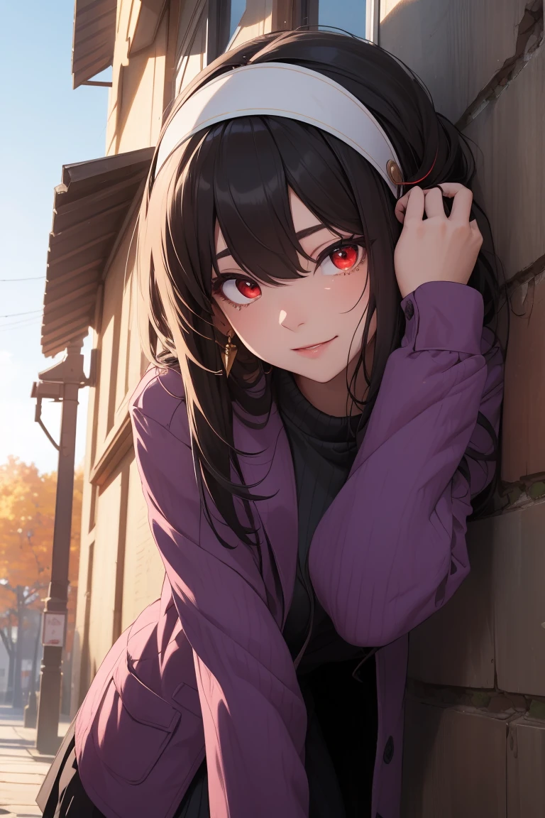 bbyorf, short hair with long locks, white hairband, ((red eyes:1.5)), gold earrings,
BREAK (long sleeves, purple jacket, open clothes, sweater, coat, eyewear on head, ribbed sweater, purple sweater:1.2),
BREAK village, autumn, looking at viewer, skirt hold, leaning forward, blue sky, smile,
BREAK (masterpiece:1.2), best quality, high resolution,NSW ,unity 8k wallpaper, (illustration:0.8), (beautiful detailed eyes:1.6), extremely detailed face, perfect lighting, extremely detailed CG, (perfect hands, perfect ???????),