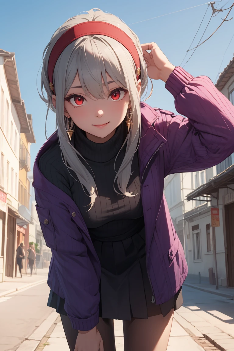 bbyorf, short hair with long locks, white hairband, ((red eyes:1.5)), gold earrings,
BREAK (long sleeves, purple jacket, open clothes, sweater, coat, eyewear on head, ribbed sweater, purple sweater:1.2),
BREAK village, autumn, looking at viewer, skirt hold, leaning forward, blue sky, smile,
BREAK (masterpiece:1.2), best quality, high resolution,NSW ,unity 8k wallpaper, (illustration:0.8), (beautiful detailed eyes:1.6), extremely detailed face, perfect lighting, extremely detailed CG, (perfect hands, perfect anatomy),