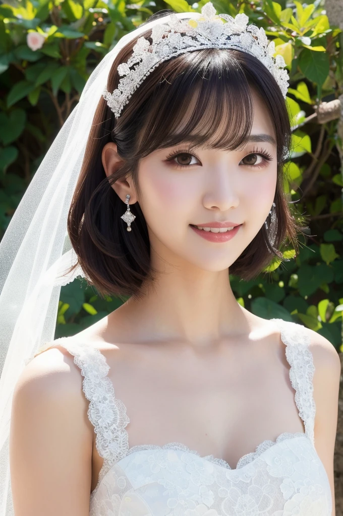 (8k, Photorealistic, Raw photo, Highest quality: 1.4),Japanese idol-style beautiful girl,model,1 person,18-year-old,(Short Bob),(Black Hair),tiara,She has her hair tucked behind her ears,Clear grey eyes,(Long eyelashes),(eye shadow),(Eyeliner),(eyeliner),(piercings(small)),cheek(Beige brown color),(Lip gloss(Deep vermilion)),lips(Plump,glossy),Translucent white and finely textured skin,thin long neck,Thin and delicate shoulders,(Lace gloves(White)),(Wedding Bouquet :1.1),(Veil),(Wedding dress((Frills),(Lace embroidery),(Plumpしたロングスカート :1.2))),(layer),(High heels(White)),(Garden Wedding Venue),(Background with sea view),(Smiling at the camera),(Full body portrait)