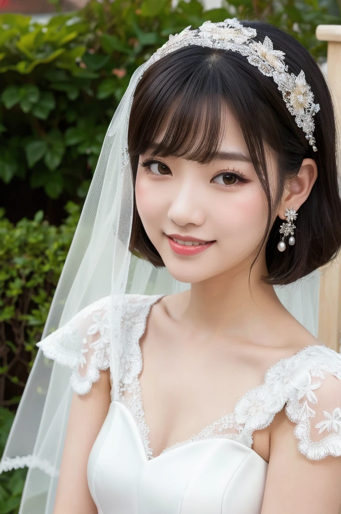 (8k, Photorealistic, Raw photo, Highest quality: 1.4),Japanese idol-style beautiful girl,model,1 person,18-year-old,(Short Bob),(Black Hair),tiara,She has her hair tucked behind her ears,Clear grey eyes,(Long eyelashes),(eye shadow),(Eyeliner),(eyeliner),(piercings(small)),cheek(Beige brown color),(Lip gloss(Deep vermilion)),lips(Plump,glossy),Translucent white and finely textured skin,thin long neck,Thin and delicate shoulders,(Lace gloves(White)),(Wedding Bouquet :1.1),(Veil),(Wedding dress((Frills),(Lace embroidery),(Plumpしたロングスカート :1.2))),(layer),(High heels(White)),(Garden Wedding Venue),(Background with sea view),(Smiling at the camera),(Full body portrait)
