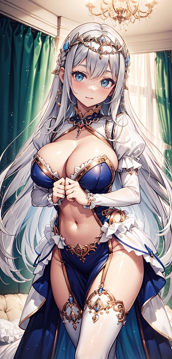 saint,Enchanted,Have fun,in love,(white dress),silver hair,E Blue Eyes,Decoration of saint,elaborate costume,bedroom,Solo person,nighttime,transparent clothing,gorgeous jewelry,crystal hair accessories,rift,pubis,,transparent,(Luxurious shine)、((puffy sleeves))、Long wrist,Show your navel,white embroidery,big breasts,Show your breasts,The cracks are clear....,((big tits)),(กระดูกpubis), rift, visible chest,seductive pose