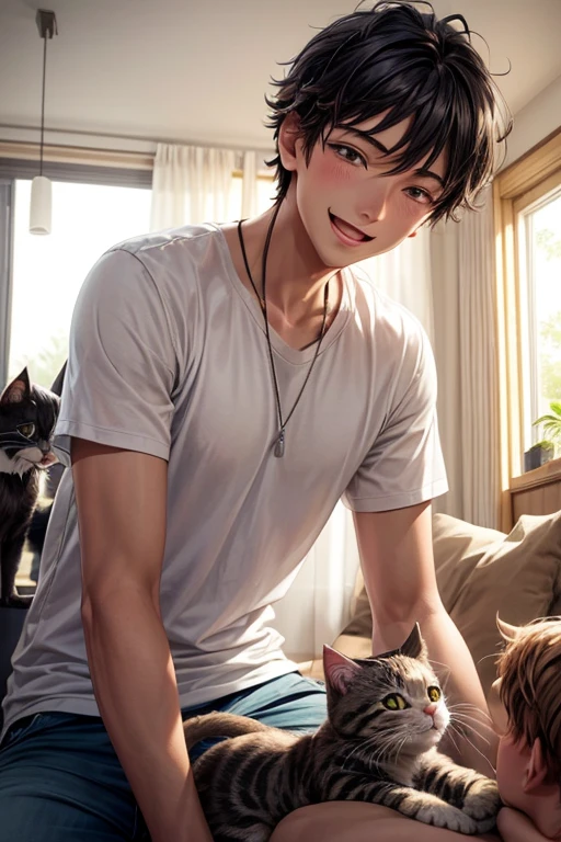 Lots of cats,Three cats,Man surrounded by cats,smile,Refreshing Men,Gentle expression,猫もsmile,