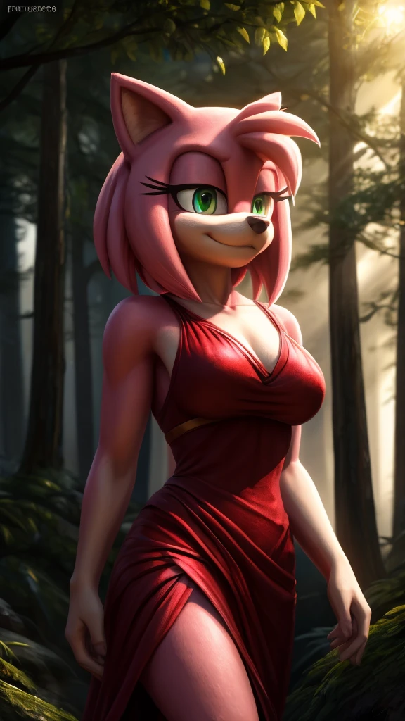(mature:1.2) Style-Princess, ultra detailed, perfect face, sexy face, expressive eyes, FurAffinity furry female, antromorfic, sweet smile, gentle look, blush, solo, long pink hair, green eyes, slender body, red dress white parts, large breasts, fur pink, pink skin, walking through the forest, posing, looking pleasure, forest clear open sky background, s old, 3nid_14, masterpiece, best quality, highest quality, cinematic lighting, (volumetric lighting), extremely detailed CG unity 8k wallpaper, focused, 8k wallpaper, 4k wallpaper, extremely detailed, ultra realistic, photorealistic, sharp focus, absurd res, (HDR:1.2), (high contrast), photograph, detailed and intricate, instagram, portrait, highly detailed, digital painting, art station, concept art, smooth, sharp focus, illustration, cinematic lighting, amy rose,