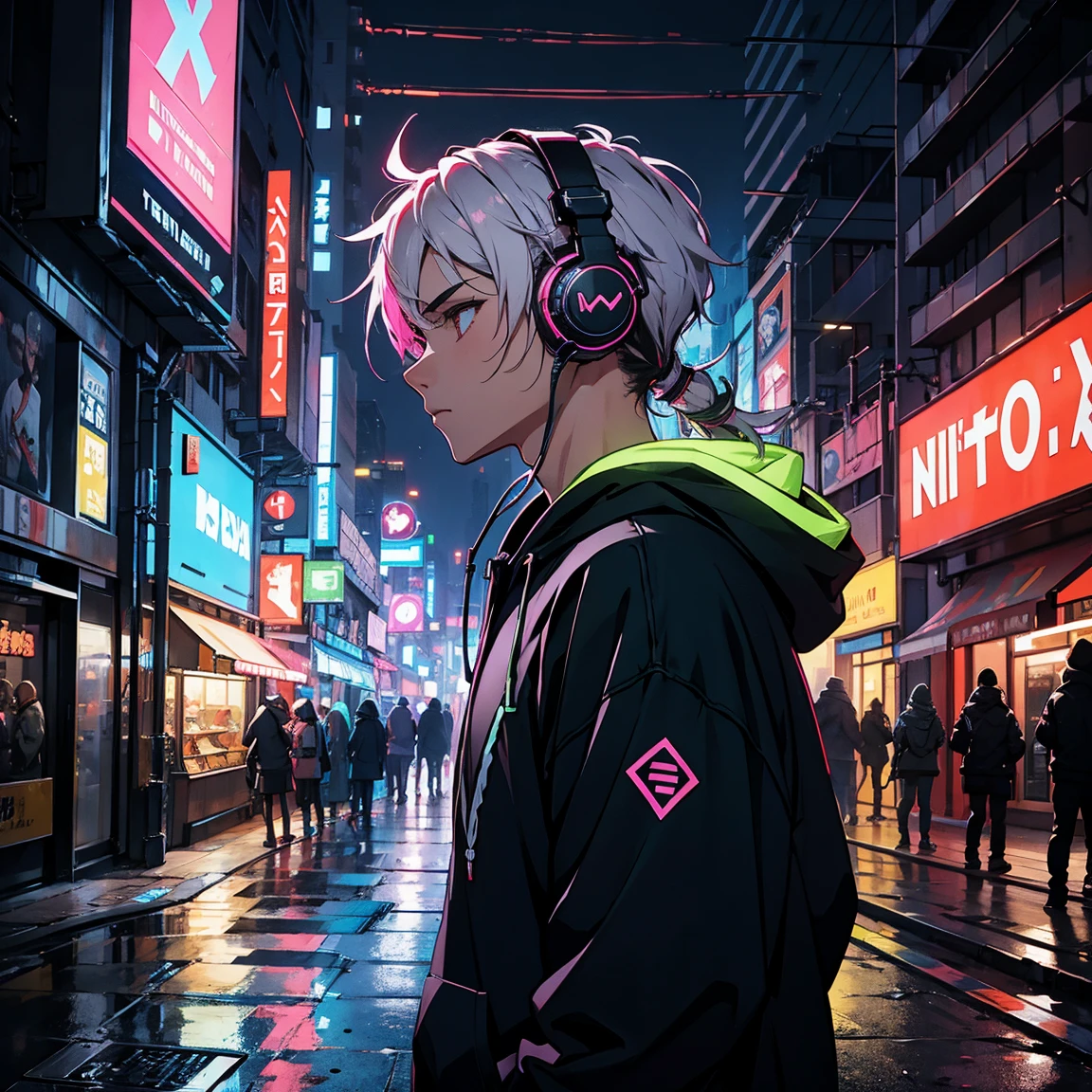 Male, profile, headphones, hoodie, vivid colors, neon, cyberpunk, 