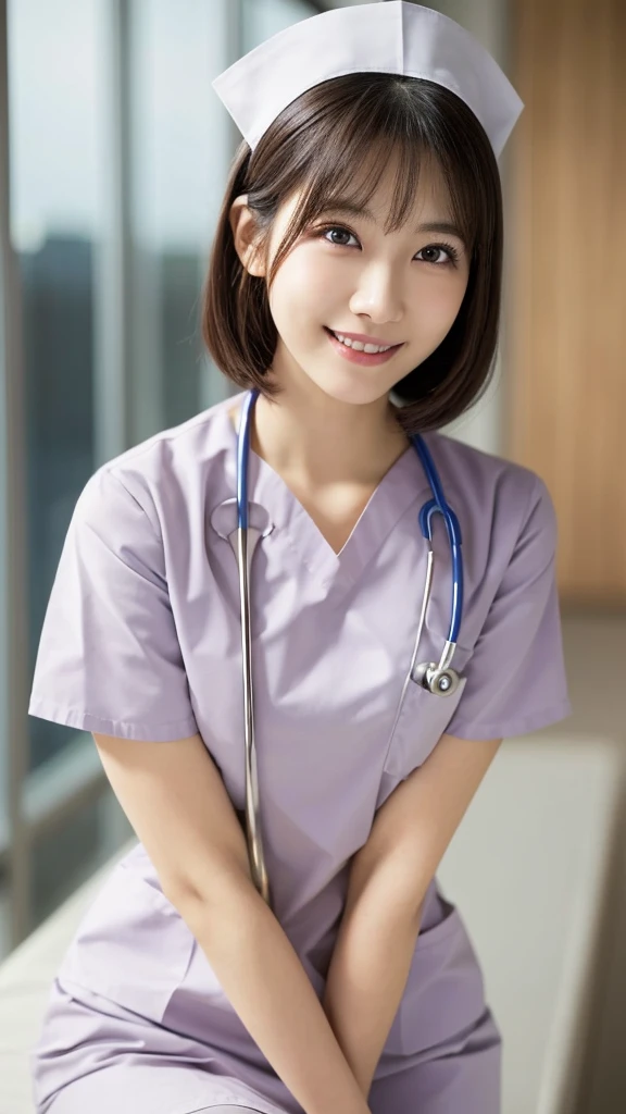 (Highest quality: 1.5), (Realistic: 1.5), (1 person: 1.5), Very detailed, High resolution, 8k,Natural color lips, Cute Smile, Japanese women, 20-year-old girl, Beautiful and elegant features, Perfect and beautiful face, Balanced big eyes, Beautiful and elegant features, Natural double eyelids, Natural Bangs, Beautiful thin nose, Beautiful Skin, Medium Bob Hair , Natural Bangs , Perfect and beautiful face, Slim face and figure, (Looking at the camera with a sweet smile), Bright lighting, Professional Lighting, Forward lighting, Beautiful feet: 1.2, Smooth Skin, Slender body, Slim waistline, slim thin thighs, Detailed clothing, (real short nurse uniform:1.2), (nurse:1.4), Ultra HD, Realistic, hospital, Light Pink