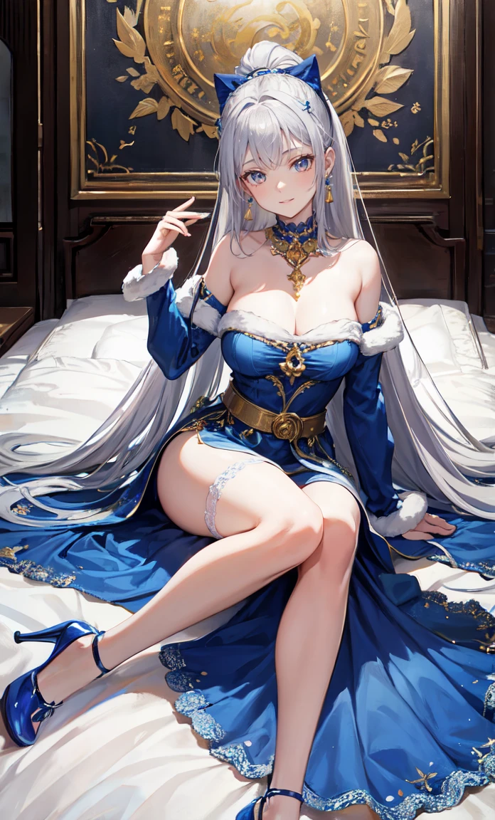 Noble Mansion,(gray hair：2.0),The ponytail is straight and tall.,Gold headband,stand close.,dream world,mature woman,(blue eyesฟีนิกซ์เรียวยาว,lipstick,Long eyelashes),Long eyelashes,contact lens,Gemstone Gold Necklace,(Off-the-shoulder blue fur dress,top of fur pipe,Strapless fur,wide wrist,long skirt,belt：2.0),top of fur pipe(big breast)Ballroom Background,(Soft light and shadow：1.9),High-heeled shoes made of fur,elegant high heels,Detailedly drawn background,holy goddess,มายากลal effect,silver hair,blue eyes,transparent dress,exquisite decoration,Features of the มายากลal costumes of the heavens，a small amount of blue cloth,exquisite clothes,Floor skirt,lace details,Delicate ruffles,bedroom,alone,at night,Lace stockings,sacred strip,transparent clothes,decorated with jewelry,