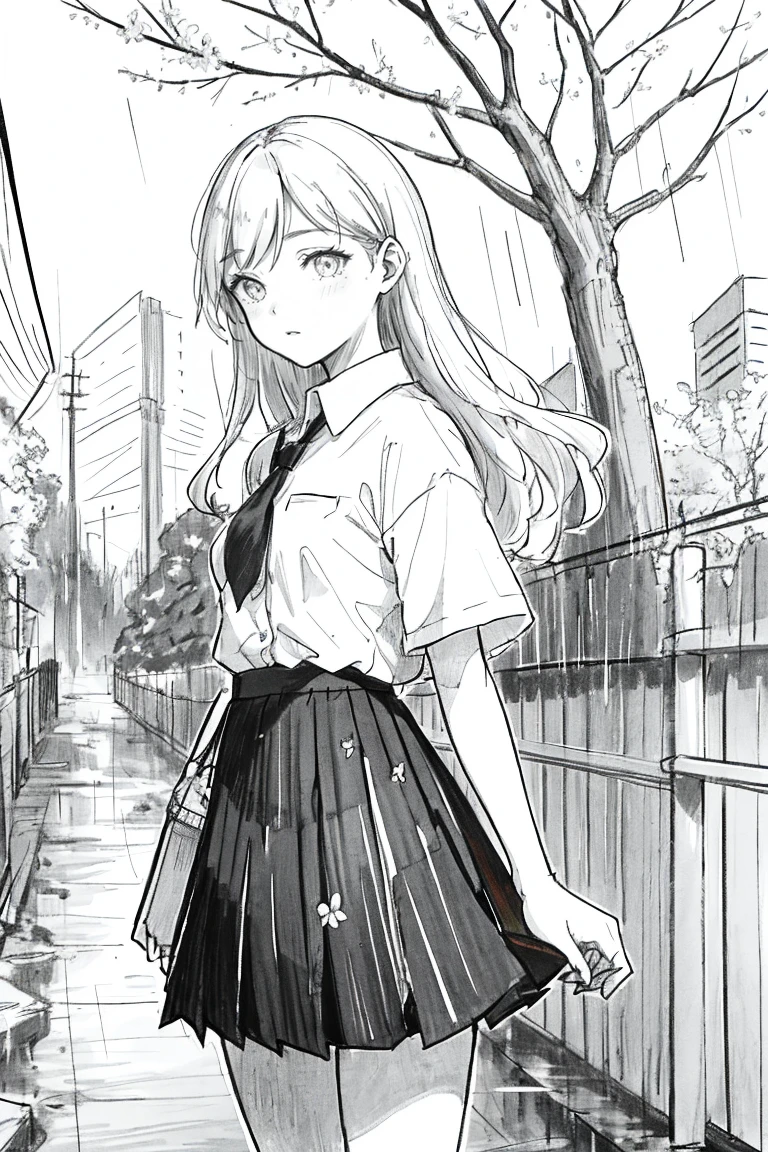 1 Girl,Line Art,monochrome,sketch,pencil drawing,traditional media,1 Girl, black skirt, Branches, architecture, chain-link Fence, Cherry blossoms, Fence, Long hair, outdoor, petal, pleated skirt, rain, shirt, Short sleeve, skirt, Solitary, permanent, Tree,
Sky,sTreet