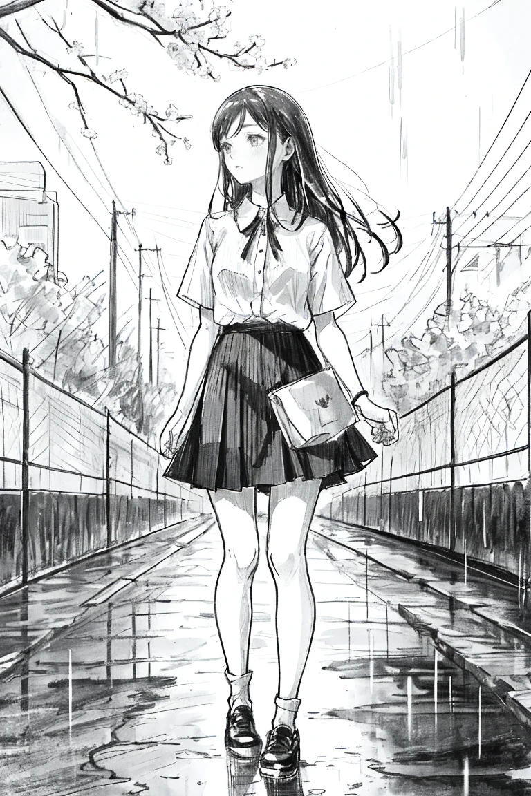 1 Girl,Line Art,monochrome,sketch,pencil drawing,traditional media,1 Girl, black skirt, Branches, architecture, chain-link Fence, Cherry blossoms, Fence, Long hair, outdoor, petal, pleated skirt, rain, shirt, Short sleeve, skirt, Solitary, permanent, Tree,
Sky,sTreet