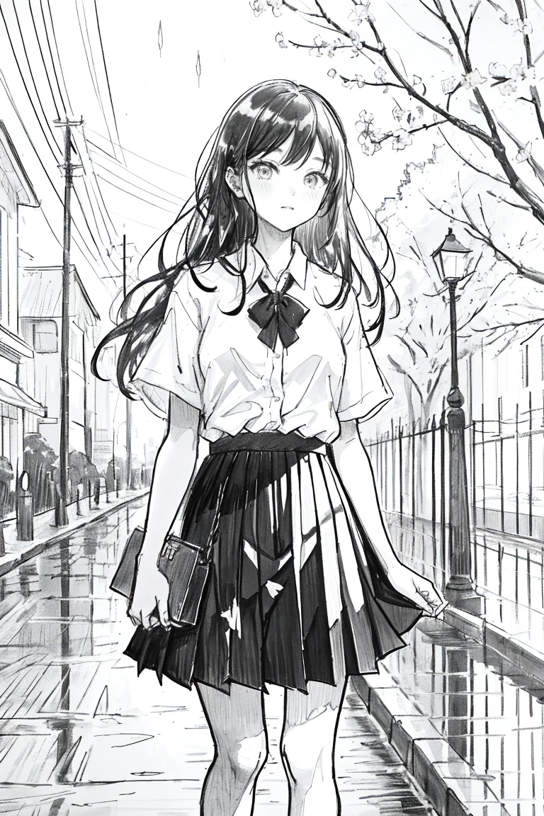 1 Girl,Line Art,monochrome,sketch,pencil drawing,traditional media,1 Girl, black skirt, Branches, architecture, chain-link Fence, Cherry blossoms, Fence, Long hair, outdoor, petal, pleated skirt, rain, shirt, Short sleeve, skirt, Solitary, permanent, Tree,
Sky,sTreet